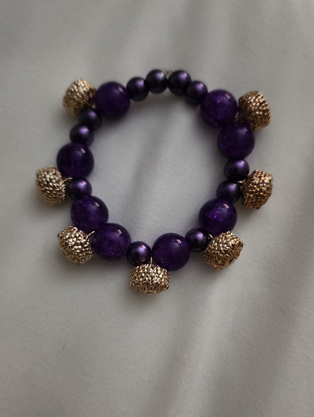 HANDMADE Purple Beaded Stretch Bracelet with Gold Accent Charms